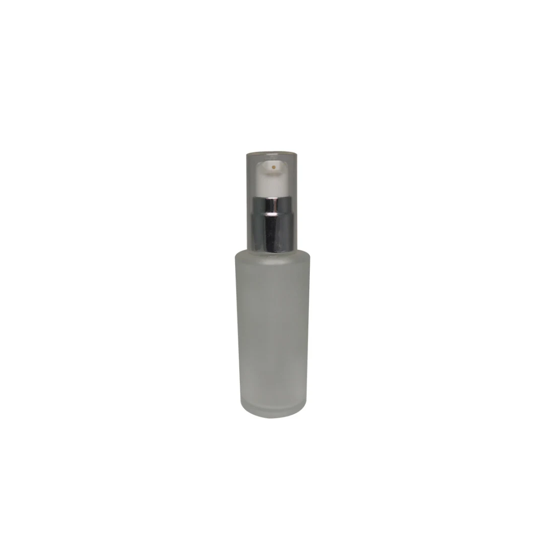 Medium Size Skincare Cosmetic Packaging Empty 50ml Cylinder Shape Glass Bottle Matte Finish with Cream/Lotion Pump and Oversize Cap